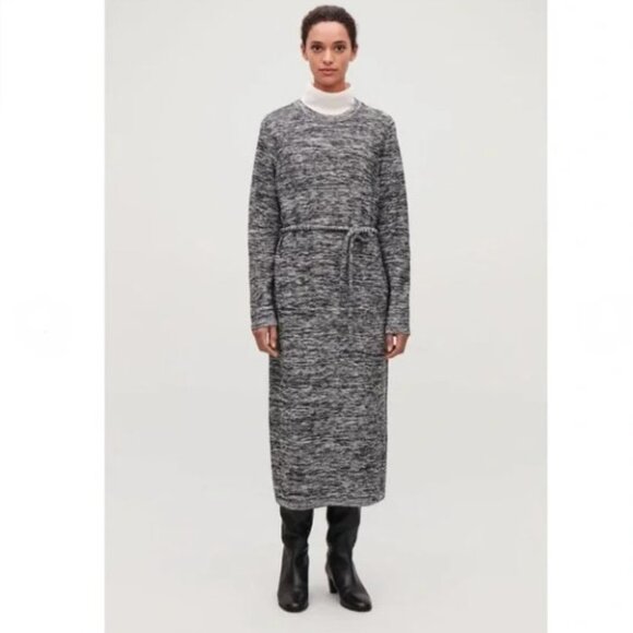 NWT COS grey heathered long sleeve belted long midi round neck dress size  XS - Picture 1 of 16